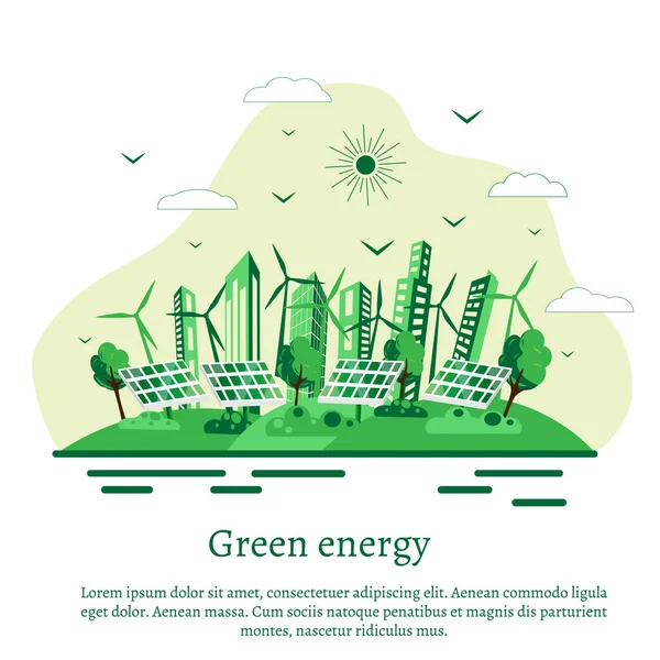 Πράσινη Πόλη Οικολογική Υποδομή Ηλιακό Πάνελ Και Ανεμόμυλο Μονοχρωματική Διανυσματική — Διανυσματικό Αρχείο