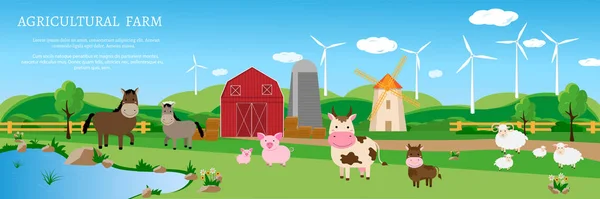 Diseño Pancarta Animales Granja Granja Fondo Del Paisaje Las Turbinas — Vector de stock