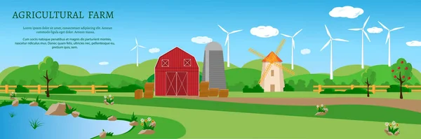 横幅以景观和风力涡轮机为背景设计农业农场 Hacienda的病媒图解 案文的位置 — 图库矢量图片