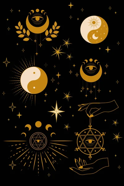 Insieme Carte Con Simboli Magici Astrologici Segni Mistici Silhouette Estetica — Vettoriale Stock