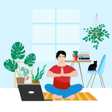 Çevrimiçi ders kavramı, evinizin rahatlığından öğrenmek. Tombul kadın evde bilgisayarın önünde yoga yapıyor. Vektör illüstrasyonu düz biçimi