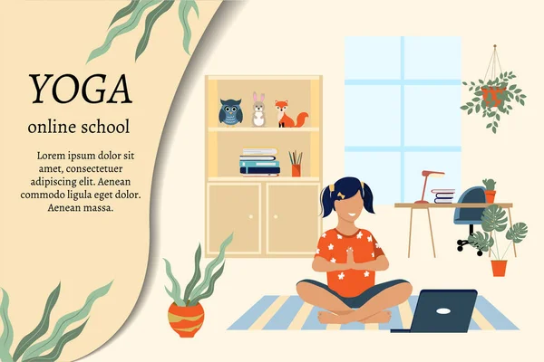 Girl Student Practices Yoga Home Using Laptop Online Yoga School — Stock Vector