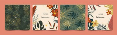 Tropikal düz desenli tasarımı yapraklı ve pürüzsüz desenli modaya uygun olarak ayarlayın. Dekor, giysi, kapak, duvar kâğıdı, ambalaj kağıdı, sosyal ağlar için vektör soyut sanat. Metin için yer.