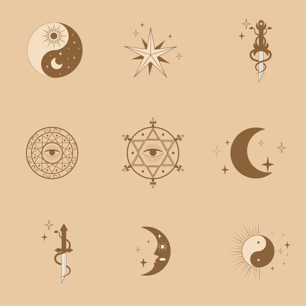 Carta Quadrata Simboli Magici Icone Stelle Luna Sole Pugnale Illustrazione — Vettoriale Stock
