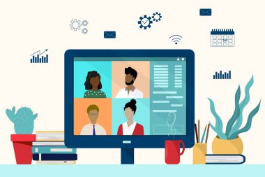 Bilgisayarda çalışan insanlar video konferansı yapıyorlar, evde, ofislerde, dünyanın her yerinde serbest çalışıyorlar. Vektör illüstrasyonu