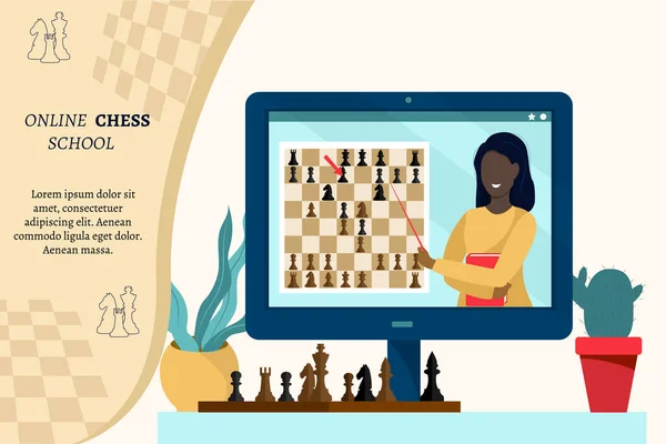 在线象棋学校的概念 黑人女人教远程 解释智力游戏的规则 文字的位置 平面矢量图解 — 图库矢量图片
