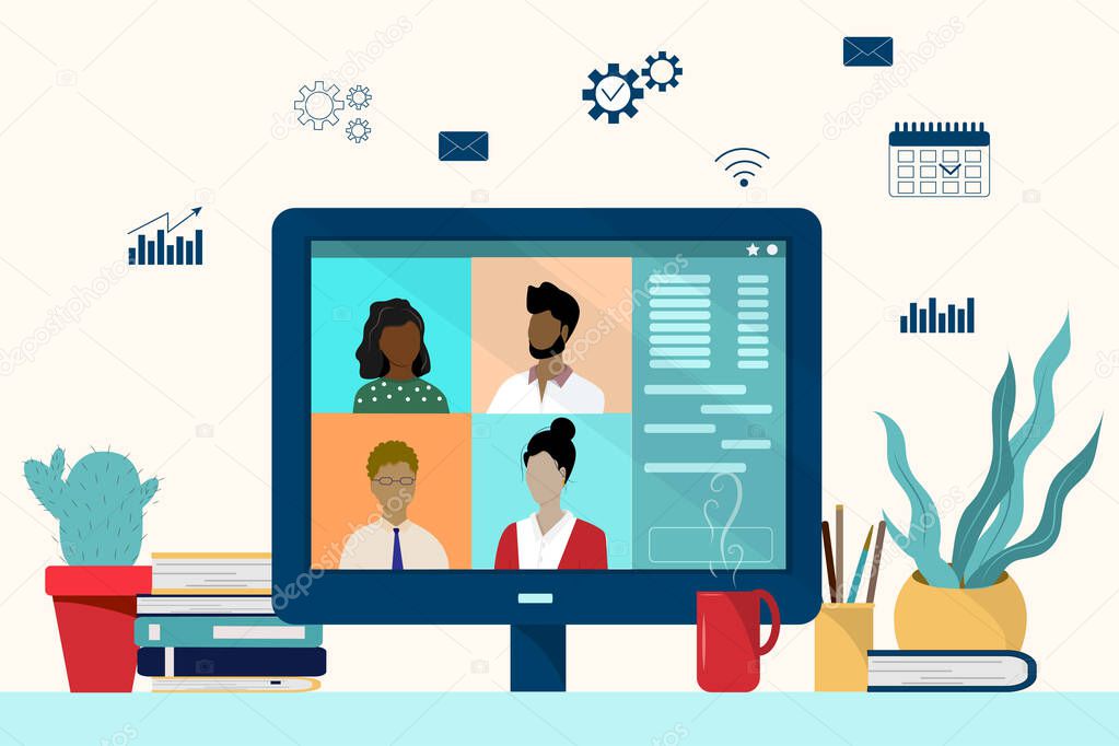People working at a computer hold a video conference, at home, in offices, freelance work anywhere in the world. Vector illustration