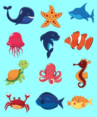 Set of collection of sea animals underwater. Whale, shark, dolphin, octopus, clown fish, turtle, starfish, horse, hedgehog, fish, jellyfish. Vector illustration