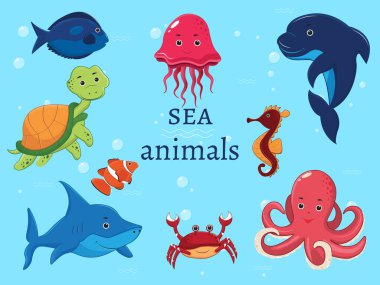 Karikatür deniz hayvanlarının vektör seti suyun altında. Ahtapot, palyaço balığı, kaplumbağa, köpekbalığı, yunus, at, balık, denizanası.