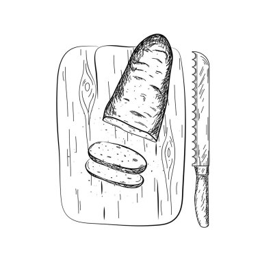 Elle çizilmiş bir baget çizimi, üzerinde tel kesici ve bıçak olan bir somun ekmek. Üst Manzara. Fırın ürünleri ve paketleme, reklam, sosyal ağlar için vektör illüstrasyonu.
