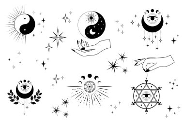 Modern minimalist tarzda sihirli çizgi sembolleri ve simgeler. Logo için, dekorasyon için. Vektör düz resimleme