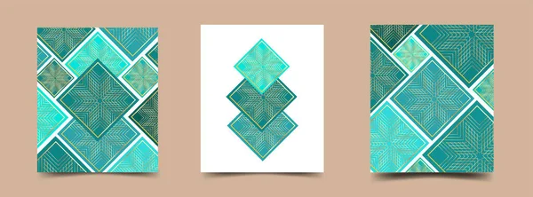 Set Eleganti Carte Moderne Con Linee Geometriche Oro Sfondo Blu — Vettoriale Stock