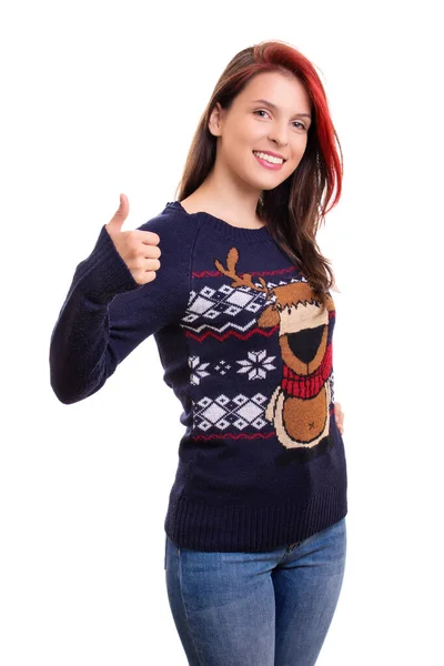 Beautiful Smiling Young Girl Christmas Sweater Showing Thumb Gesture Isolated — Stock Photo, Image