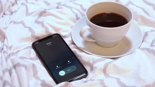 Cup Coffee Modern Bed Sheets Incoming Call Work Mobile Phone — Stockvideo