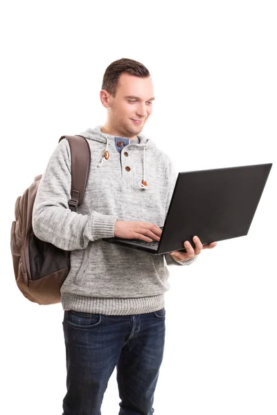 Portrait Young Male Student Backpack Holding Laptop Computer Isolated White — Stock Photo, Image