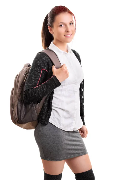 年轻美丽的女学生背着背包 被白色背景隔离 学生准备好上课了 教育和重返校园的概念 — 图库照片