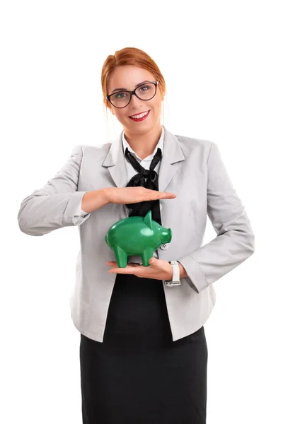 Piękna Uśmiechnięta Bizneswoman Trzymająca Zieloną Świnkę Białym Tle Finansowanie Bankowość — Zdjęcie stockowe