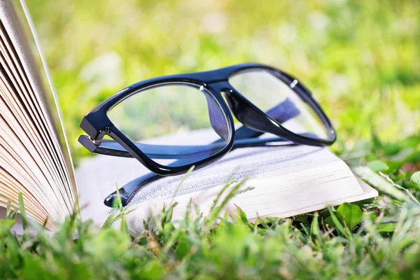 Livre ouvert avec lunettes sur une prairie — Photo