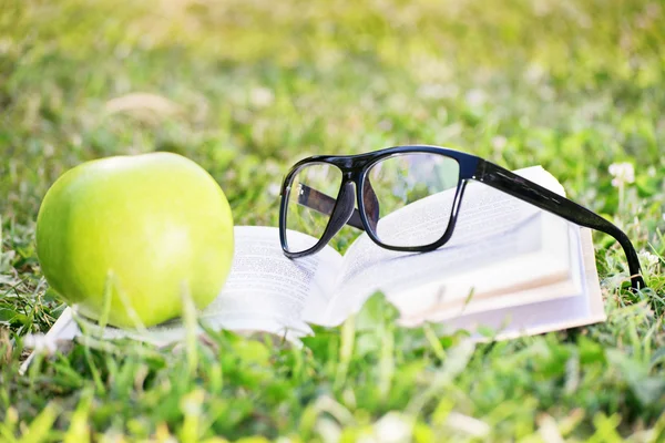 Glazen, boek en apple op een groen gras — Stockfoto