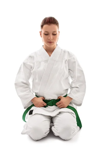 Young girl wearing kimono in meditative stance — Stock Photo, Image