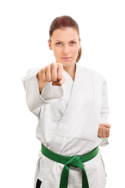 Posición de combate de una joven con kimono — Foto de Stock