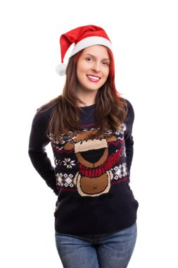 Beyaz arka plan üzerinde izole bir Noel şapka ile genç kız