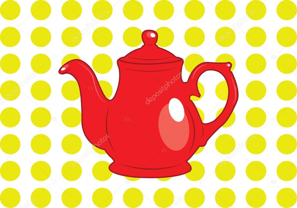 Cute red tea pot on yellow polka dot background