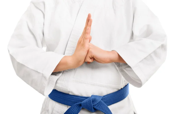 Martial arts fighter in a white kimono performing a hand salute — Stok fotoğraf