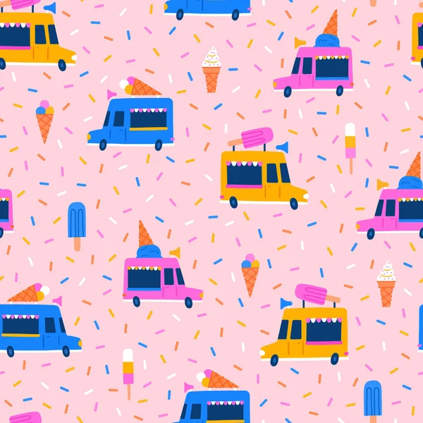 Caminhões de sorvete, esquimó, cones e padrão sem costura de aspersão — Vetor de Stock