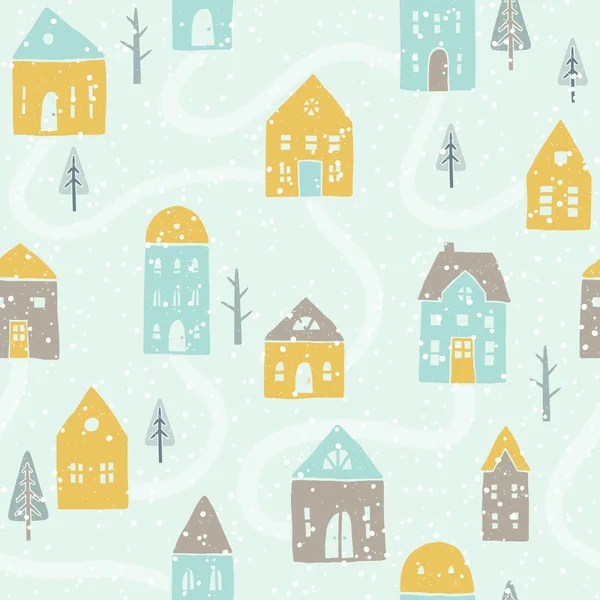 Roztomilá zimní sněžení domy vzor — Stockový vektor