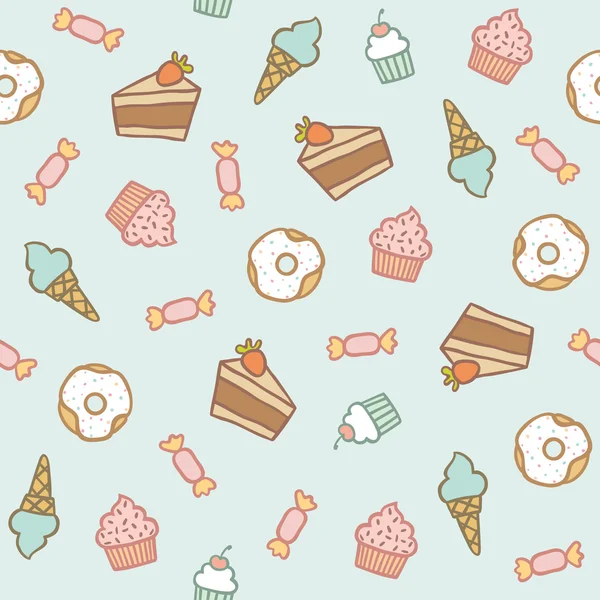 Słodki wzór. Ciasta, babeczki, cukierki, pączki, lody w waflu — Wektor stockowy