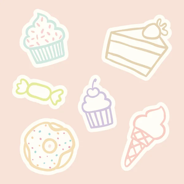 Cupcake, pedazo de pastel, cono de helado, dulces, donut . — Vector de stock