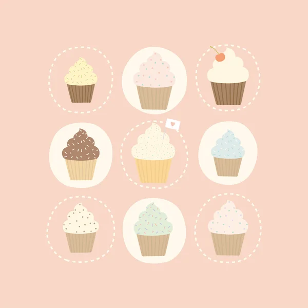 9 different cute cupcakes — Stock Vector