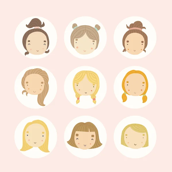 Set von 9 Vektor-Cartoon-Mädchen Gesichter. — Stockvektor