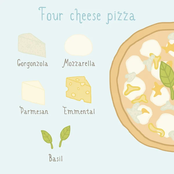 Quatro ingredientes de pizza de queijo . — Vetor de Stock