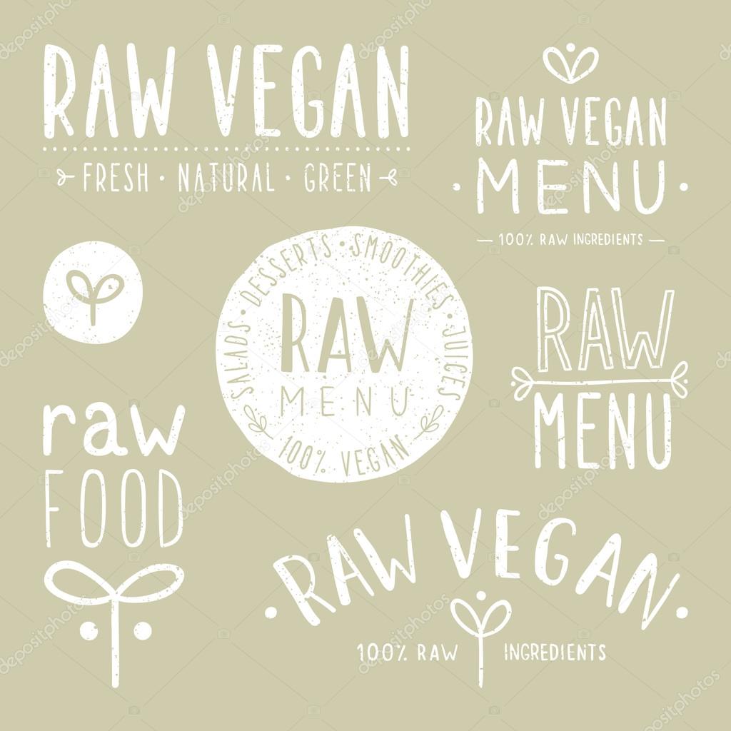 Old textured raw vegan badges. Vector EPS 10 hand drawn labels