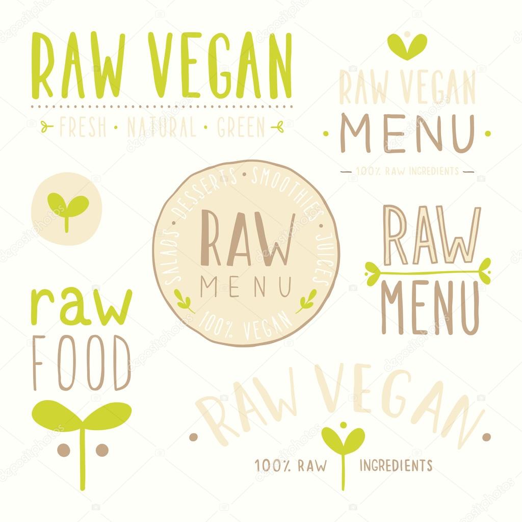 Raw vegan badges. Vector EPS 10 hand drawn labels