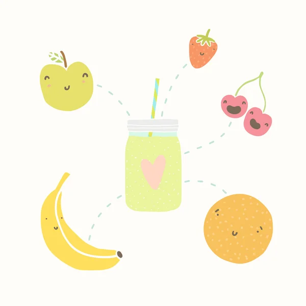 Tarro con batido y frutas divertidas . — Vector de stock