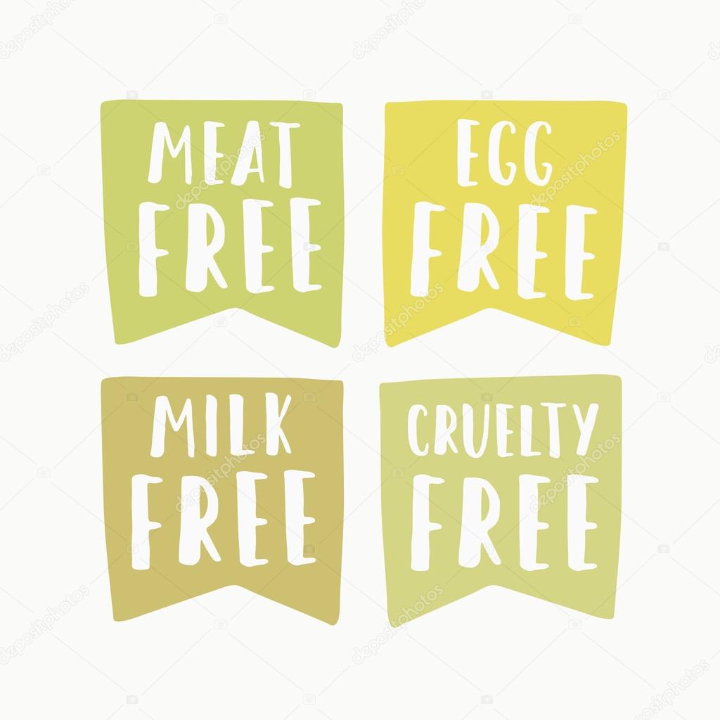 Meat, egg, milk, cruelty free labels.