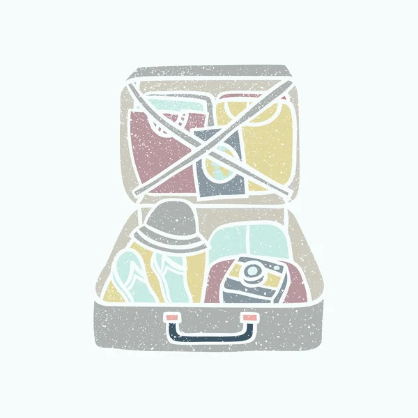 Koffer mit Kleidung, Flip-Flops, Kamera und Reiseführer. — Stockvektor