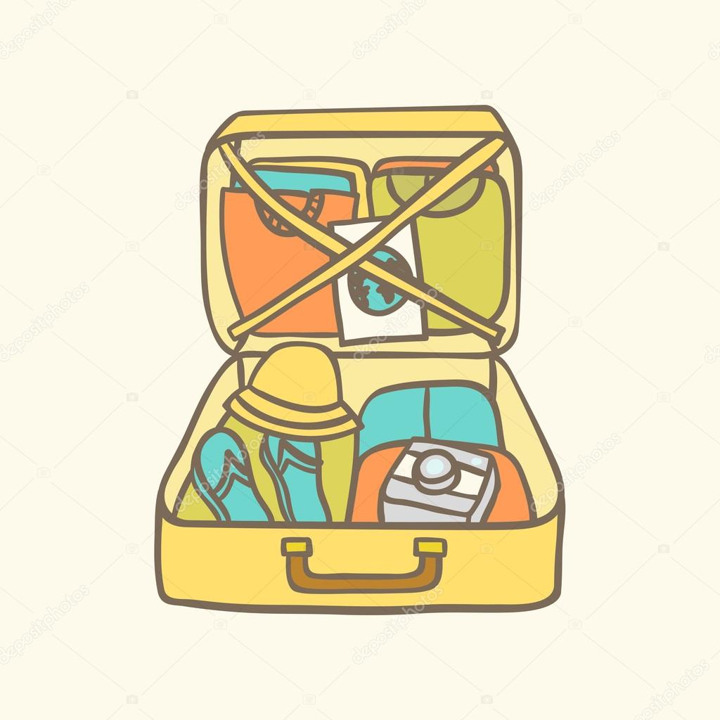 Suitcase with clothes, flip flops, camera and guide.