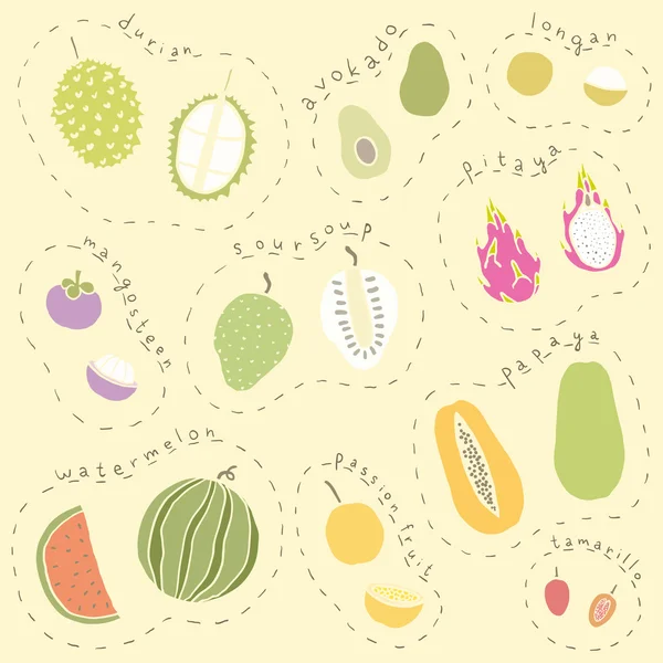 Set of hand drawn tropical fruits part 2 — Stock Vector