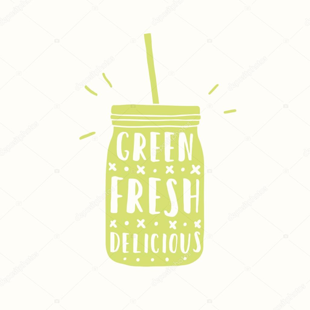 Green, fresh, delicious. Green jar silhouette vector hand drawn illustration