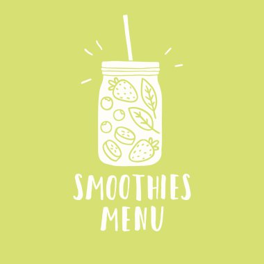 Smoothies menü. Güler yüzlü kavanoz siluet meyve ve çilek ile.