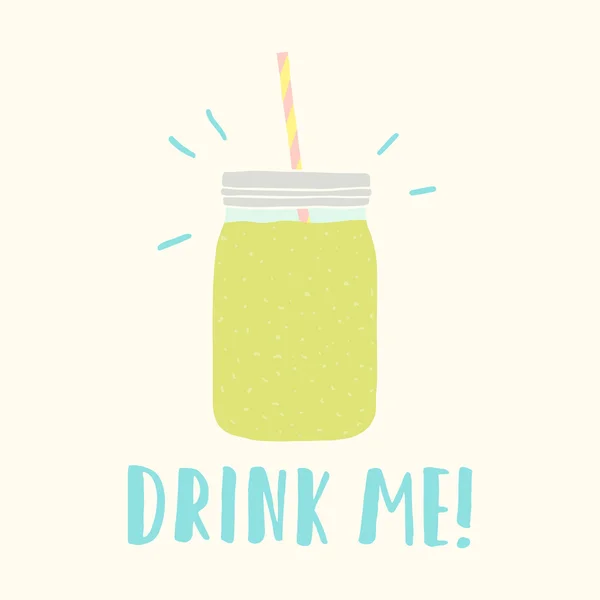 Trink mich. Einmachglas mit grünem Smoothie. — Stockvektor