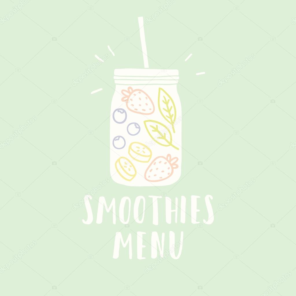 Smoothies menu illustration with jar full of fruits