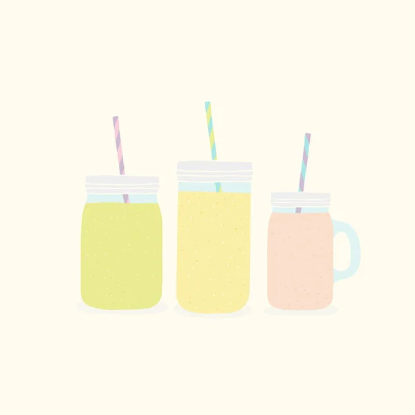 Drie verschillende metselaar potten met smoothies. — Stockvector