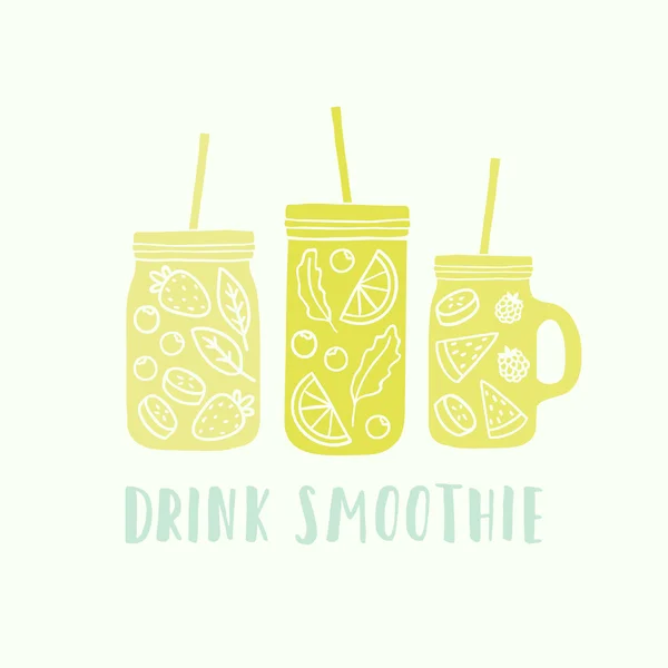 Tres frascos de albañil diferentes con ingredientes de batido . — Vector de stock