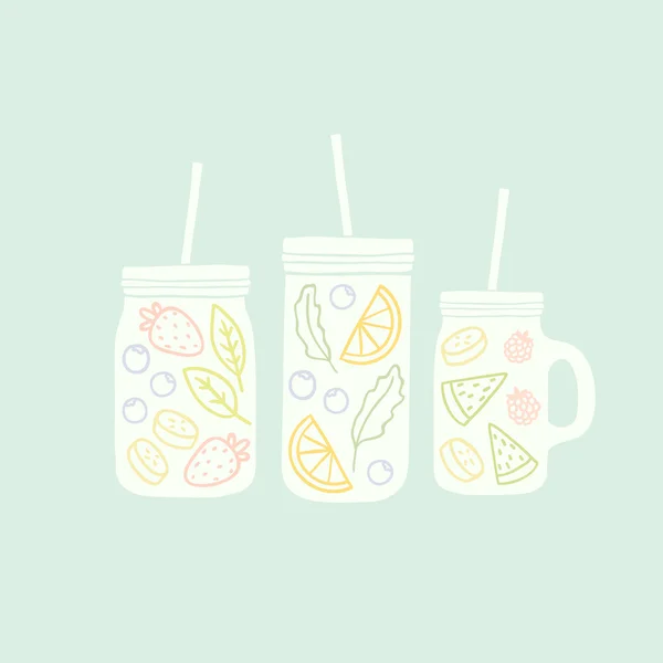 Tres frascos de albañil diferentes con ingredientes de batido . — Vector de stock