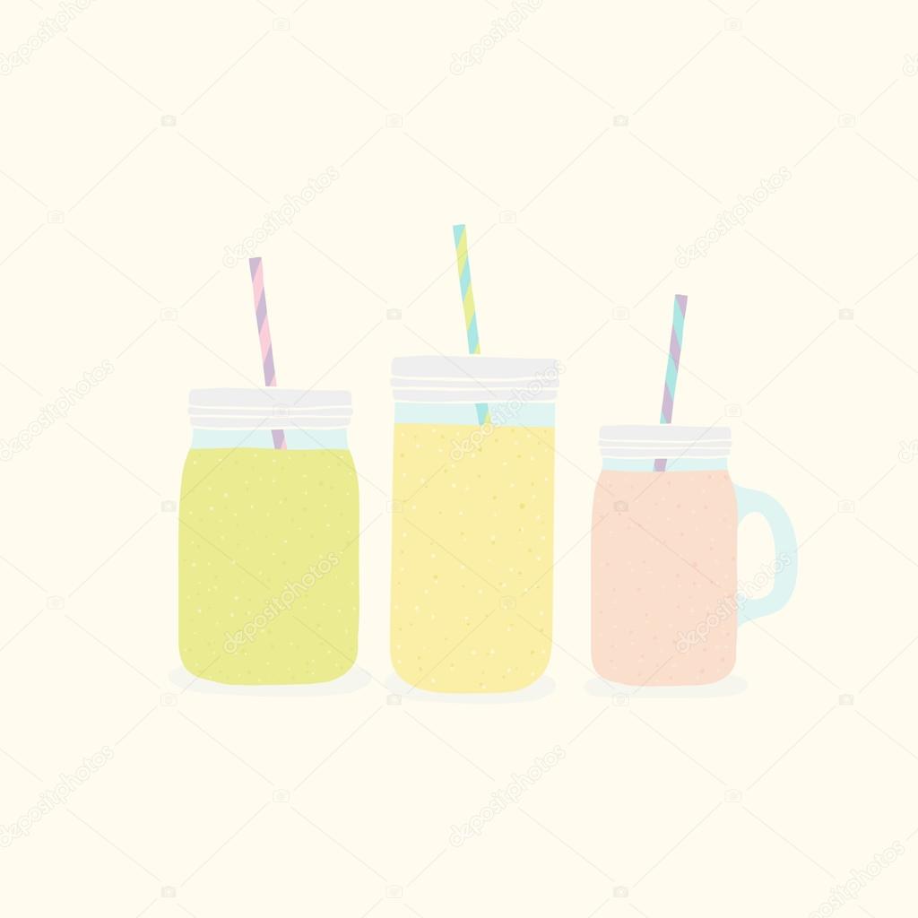 Three different mason jars with smoothies. Vector hand drawn illustration